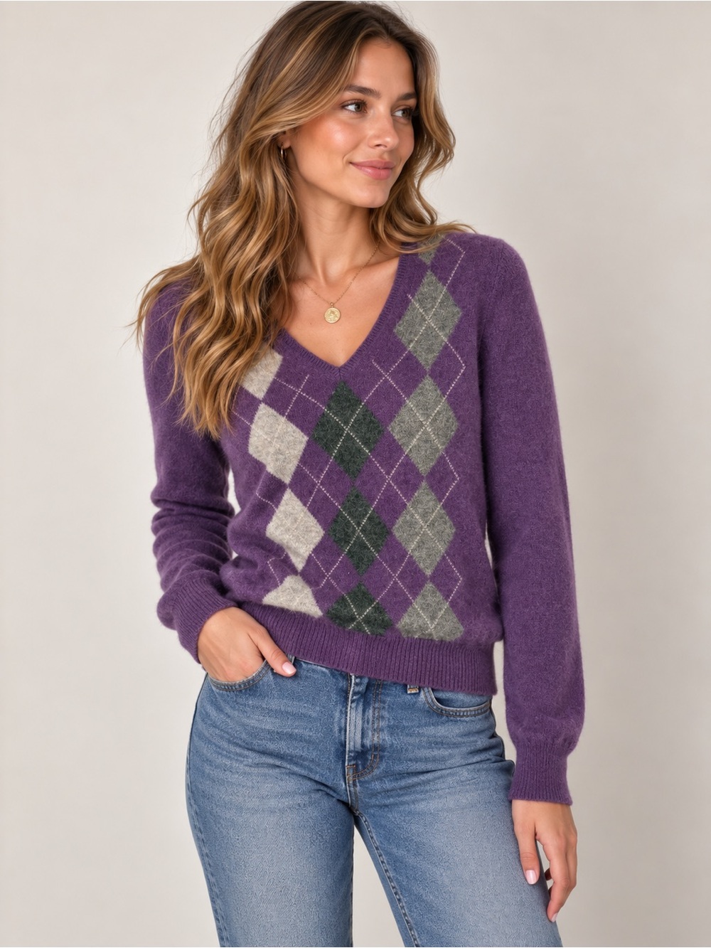 Apt. 9 100% Cashmere Purple Argyle V-Neck Sweater Size Small